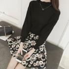 Set: Plain Long Sleeve Top + Floral Print Flared Skirt