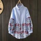 Long-sleeve Embroidered Flower Panel Plaid Blouse