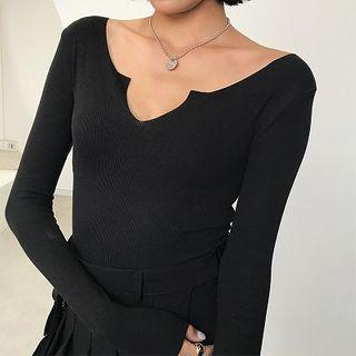 Plain V-neck Long-sleeve Rib-knit Jumper Top