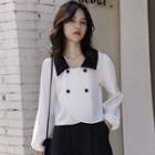 Long-sleeve Collared Double-breasted Blouse Black & White - One Size