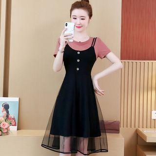Mock-two Piece Mesh Short-sleeve Dress