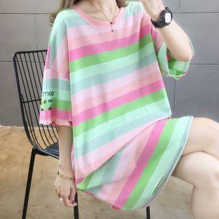 Striped Elbow-sleeve Lettering Distressed T-shirt Dress