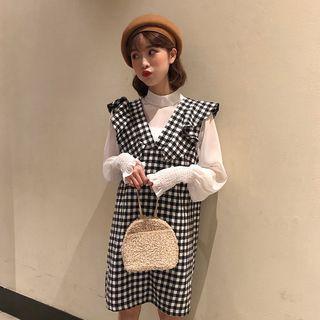 See-through Mock-neck Long-sleeve Blouse / Check Ruffle Sleeveless Dress