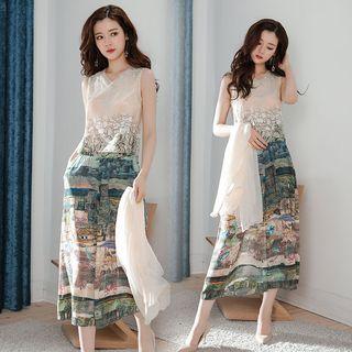 Set: Sleeveless Top + Light Jacket + Printed Wide Leg Pants