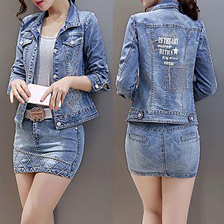 Set: Letter 3/4-sleeve Denim Jacket + Skirt