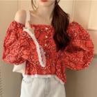 Lace Trim Off-shoulder Printed Cropped Blouse