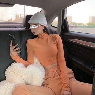 Long-sleeve Shearling Sweatshirt / Mock Neck Plain Cropped Top / High-waist Bell Bottom Pants