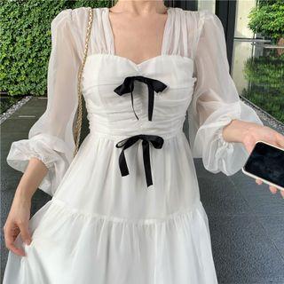 Puff-sleeve Bow Mesh Midi Dress