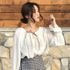 Lace Cuff Long-sleeve Blouse / Ruffle Hem Gingham Midi Skirt
