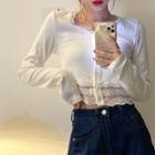Long-sleeve Lace Trim T-shirt White - One Size