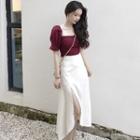 Square-neck Puff-sleeve Top / Slit Midi A-line Skirt