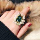 Retro Faux Pearl Rhinestone Ring Emerald - One Size