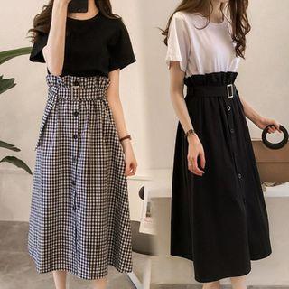 Set: Plain T-shirt + Check A-line Skirt