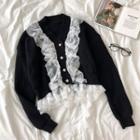 Long-sleeve V-neck Lace-trim Sweater Black - One Size