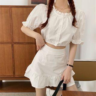 Balloon-sleeve Cropped Blouse / Ruffled A-line Skirt