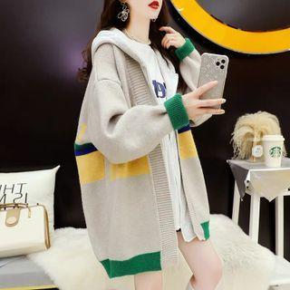 Mock Two-piece Color Block Hooded Zip-up Cardigan