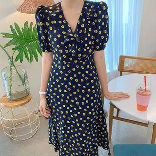 Ruffle-collar A-line Long Floral Dress
