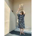 Short-sleeve Striped T-shirt Dress Stripes - Black & Gray - One Size