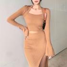 Square-neck Knit Top / Side-slit Knit Skirt