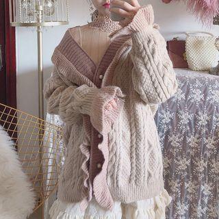 Color Block Ruffle Trim Cardigan Bean Purple & Milky Brown - One Size