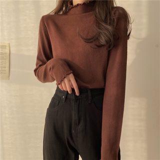 Long-sleeve Semi Turtleneck Plain Ruffle Trim Slim Fit Knit Top