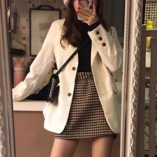 Set: Corduroy Blazer + Plain T-shirt + Houndstooth Mini A-line Skirt