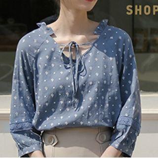 Frilled Trim Tie-neck Patterned Top