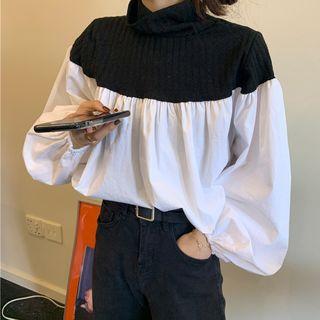 Mock-turtleneck Paneled Balloon-sleeve Blouse