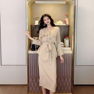 Plain V-neck Long-sleeve Loose-fit Blouse / Midi Skirt