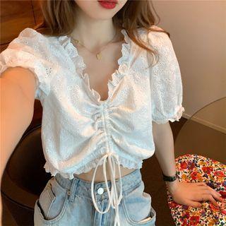 Short-sleeve Frill Trim Drawcord Crop Top White - One Size