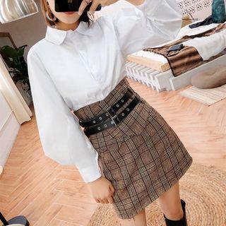 Set: Balloon-sleeve Shirt + Plaid High-waist A-line Skirt