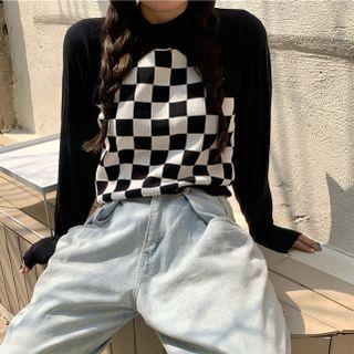 Set: Sleeveless Checkered Knit Top + Shrug
