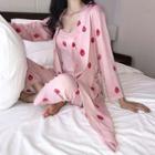 Set: Strawberry Print Camisole + Pants + Robe