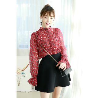 Petite Size Mandarin-collar Floral Chiffon Blouse