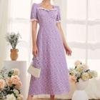 Floral Print Short-sleeve Maxi A-line Dress Purple - S