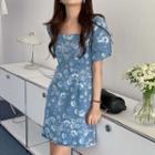 Short-sleeve Floral Denim Mini A-line Dress Light Blue - One Size