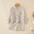 3/4-sleeve Flower Embroidered Shirt