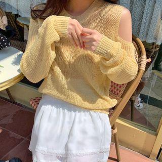 Long-sleeve Cutout Plain Knit Top Yellow - One Size