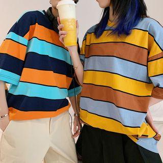 Couple Matching 3/4-sleeve Color Block Striped T-shirt