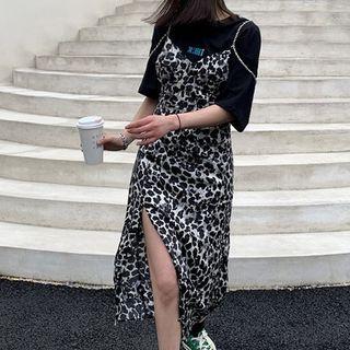 Set: Spaghetti Strap Leopard Print Midi Dress + Elbow-sleeve T-shirt