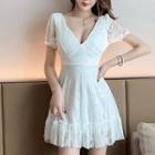 Short-sleeve V-neck Lace Plain Dress