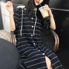 Striped Shorts Sleeve Hooded Midi Dress