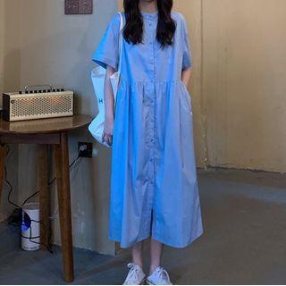 Elbow-sleeve Midi A-line Shirtdress Blue - One Size