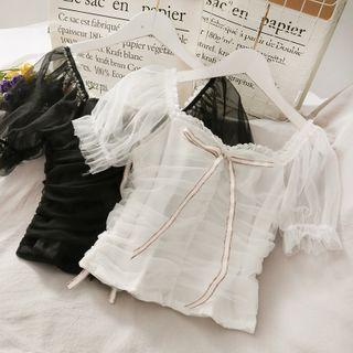 Boatneck Lace-trim Ruched Mesh Top