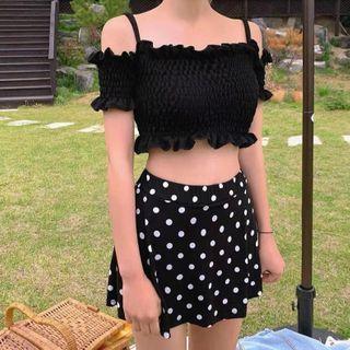 Set: Short-sleeve Cold Shoulder Swim Top + Dotted Swim Skirt