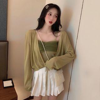 Shirred Mesh Panel Camisole Top / Tie-front Sheer Cardigan