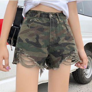Ripped Camo Denim Shorts