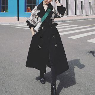 Double-breasted Plaid Panel Wool Coat
