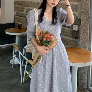 Elbow-sleeve Flower Print Midi A-line Dress Grayish Blue - One Size