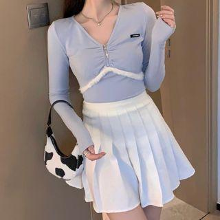 Long-sleeve Fluffy Trim Top Blue - One Size